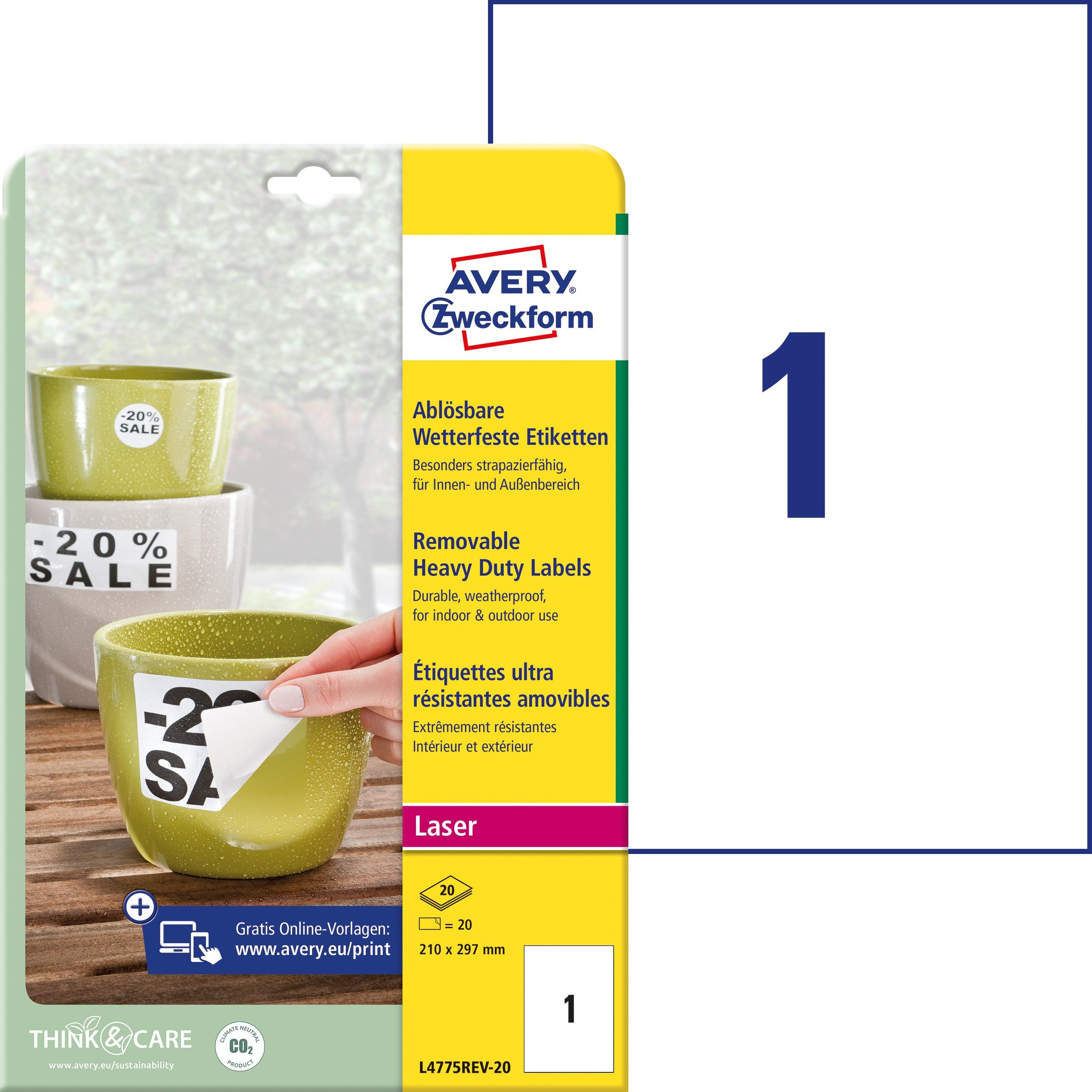 Avery Aftagelige Etiket Stærke 210x297mm  20