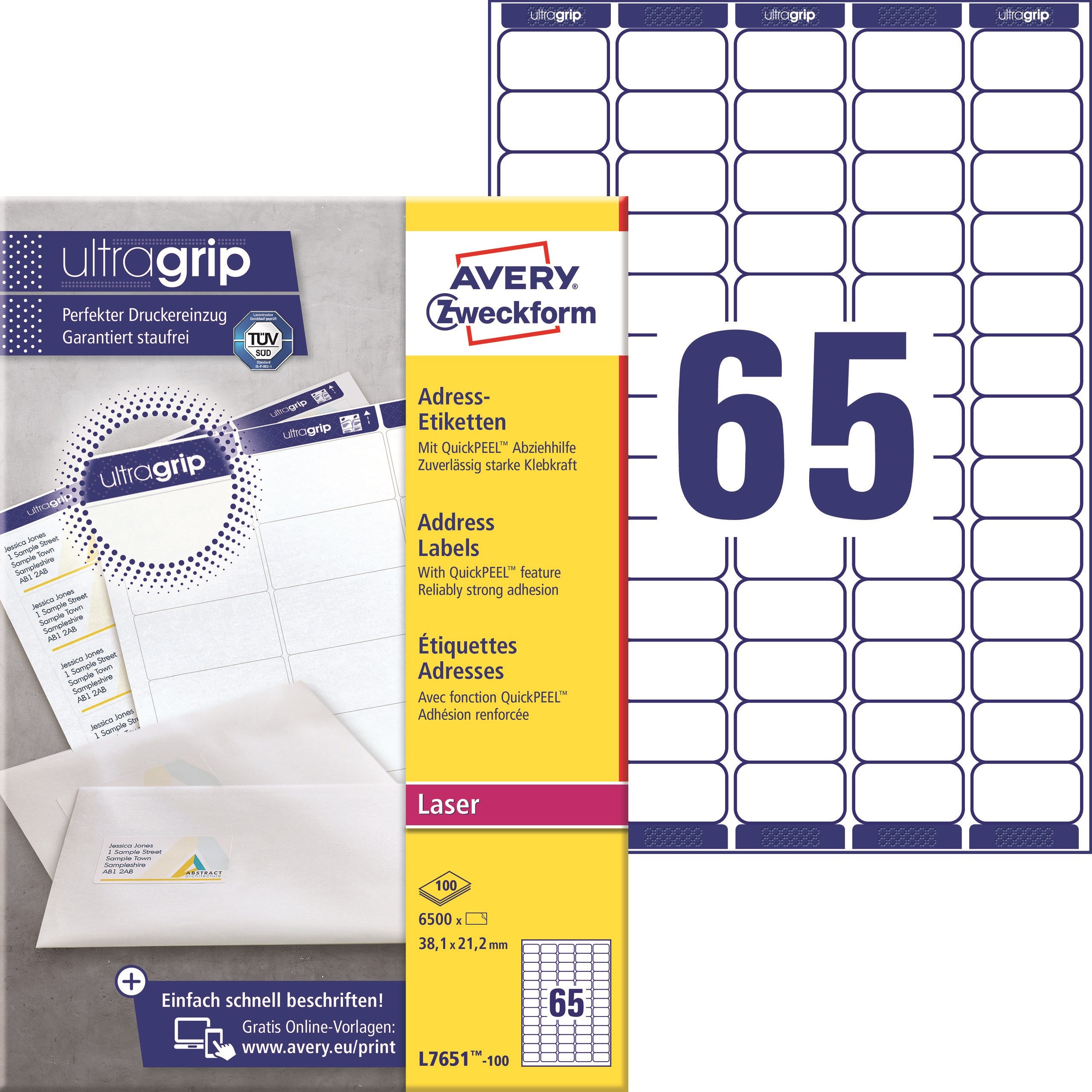 Avery L7651-100 Adresseetiketter 38 1x21 2mm Qp Ug  6500