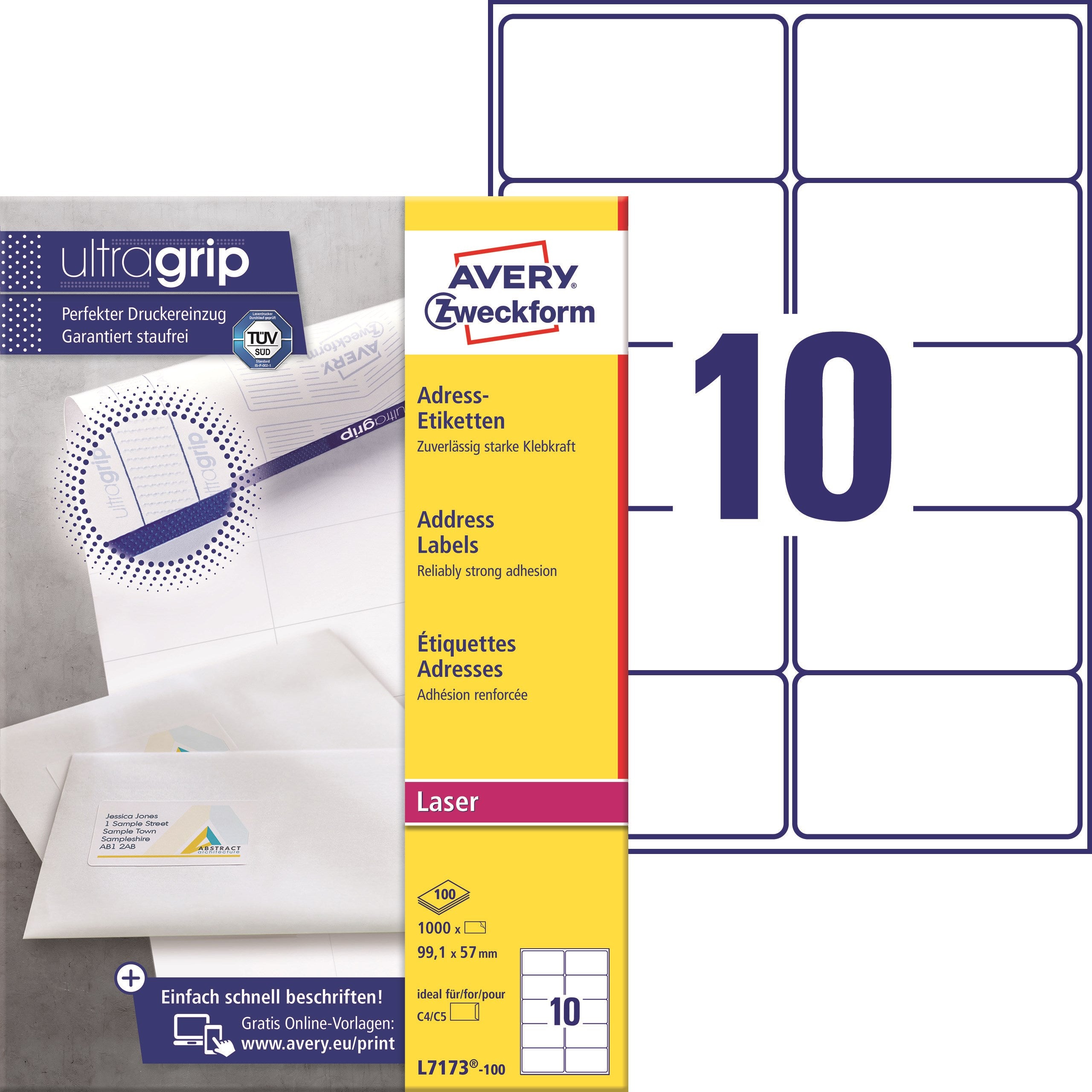 Avery L7173-100 Adresseetiketter 99 1x57mm Qp Ug  1000