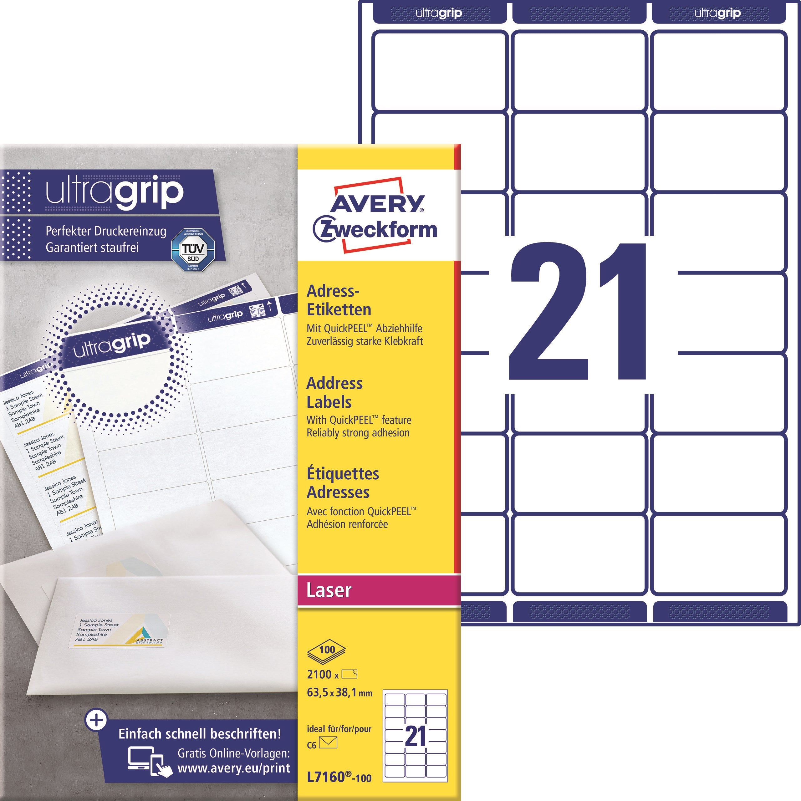Avery L7160-100 Adresseetiketter 63 5x38 1mm Qp Ug  2100