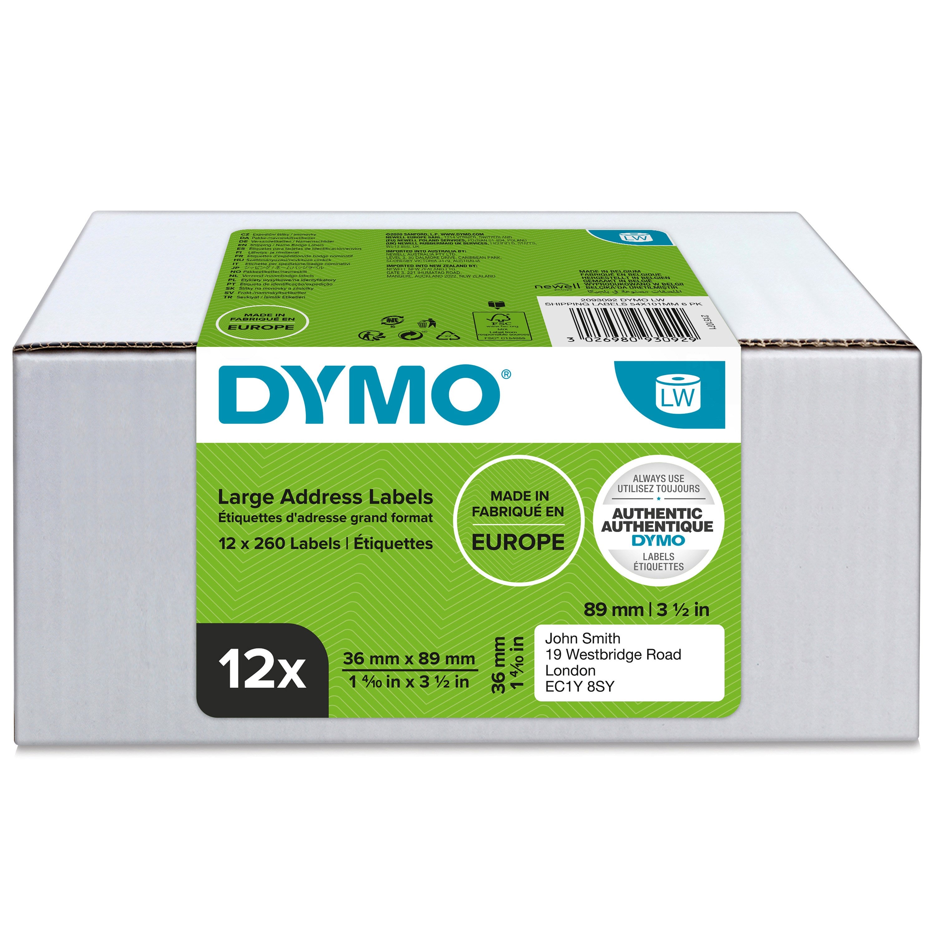Labelwriter 36mm   89mm Std  Address Labels  12 Pack