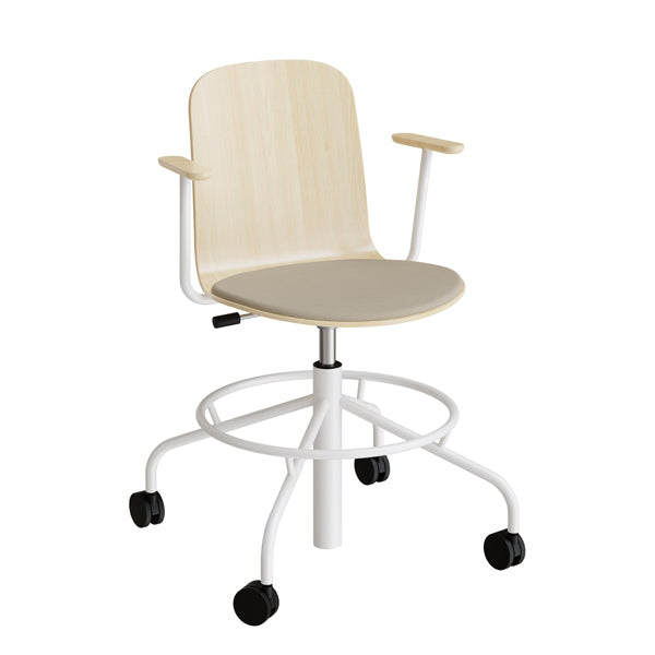 Stol Add 5903  Fodkryds  Hjul Og Armlæn  Hvidpigmenteret Eg Laminat  Sæde Med Beige Tekstil  Hvidt Stel