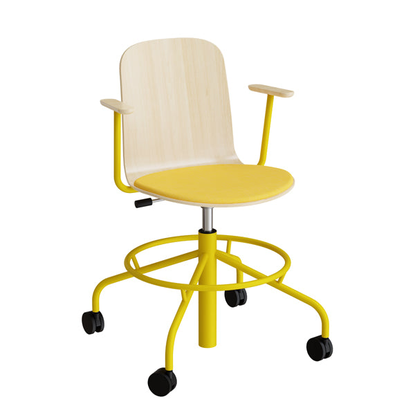 Stol Add 5903  Fodkryds  Hjul Og Armlæn  Hvidpigmenteret Eg Laminat  Sæde Med Gult Tekstil  Gult Stel