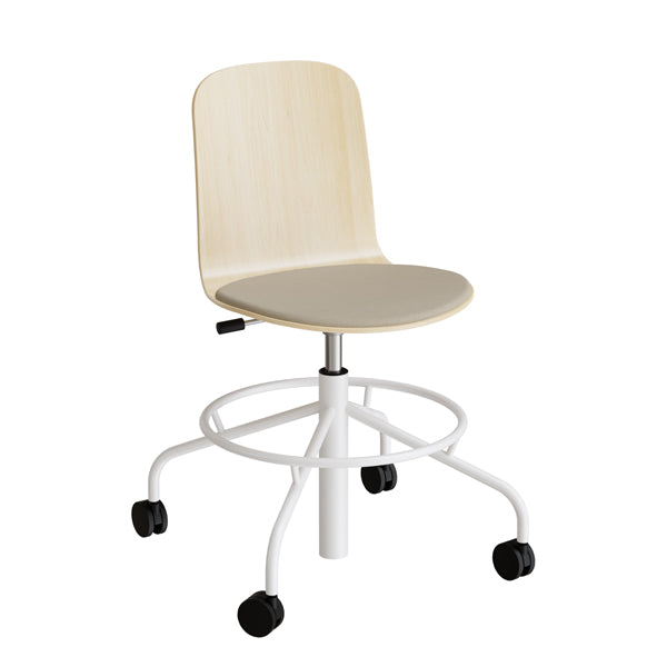 Stol Add 5903  Fodkryds Og Hjul  Hvidpigmenteret Eg Laminat  Sæde Med Beige Tekstil  Hvidt Stel