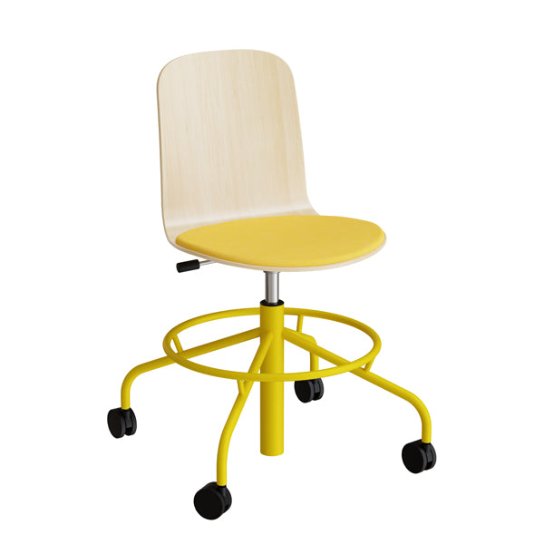 Stol Add 5903  Fodkryds Og Hjul  Hvidpigmenteret Eg Laminat  Sæde Med Gult Tekstil  Gult Stel