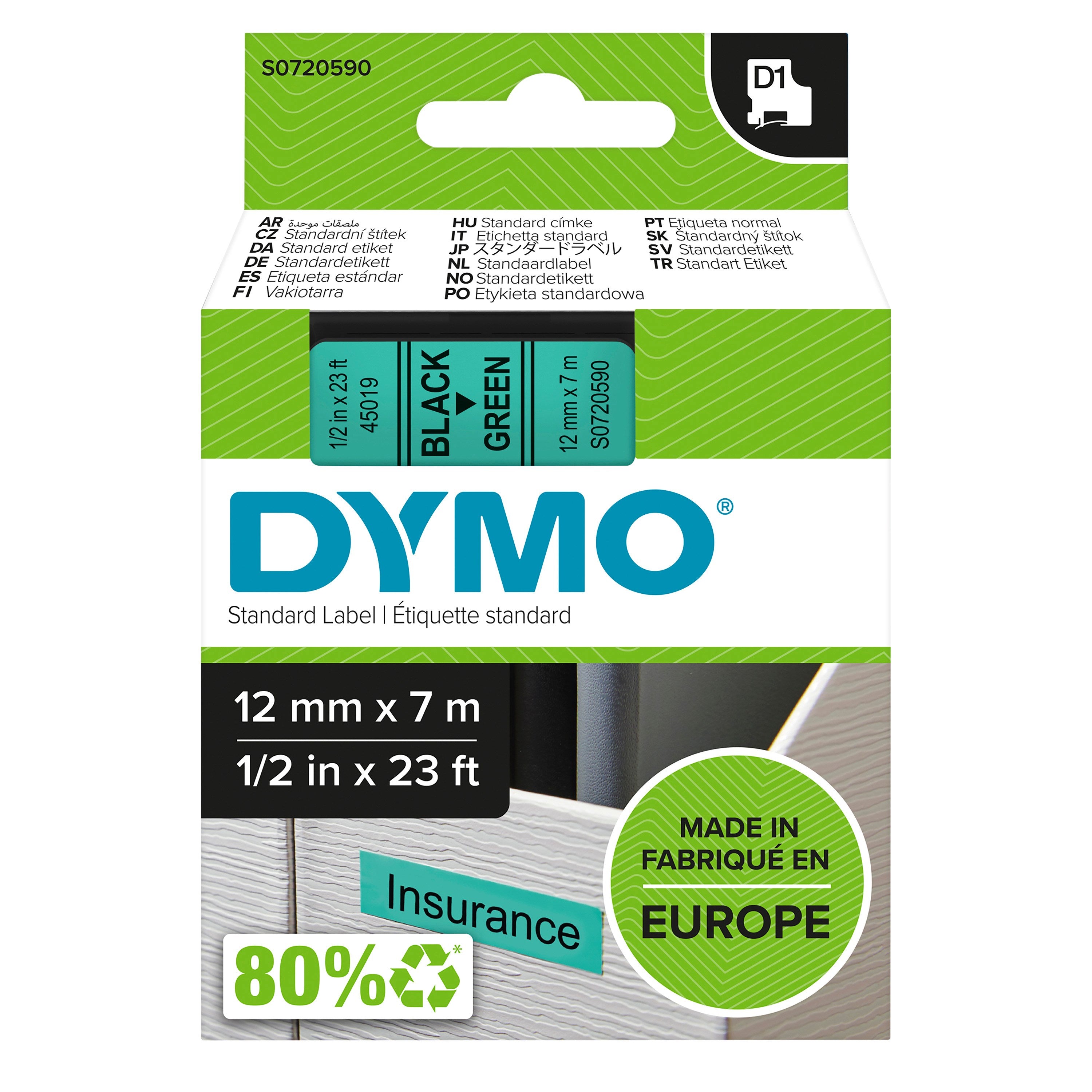 Tape D1 12mmx7m Black Green