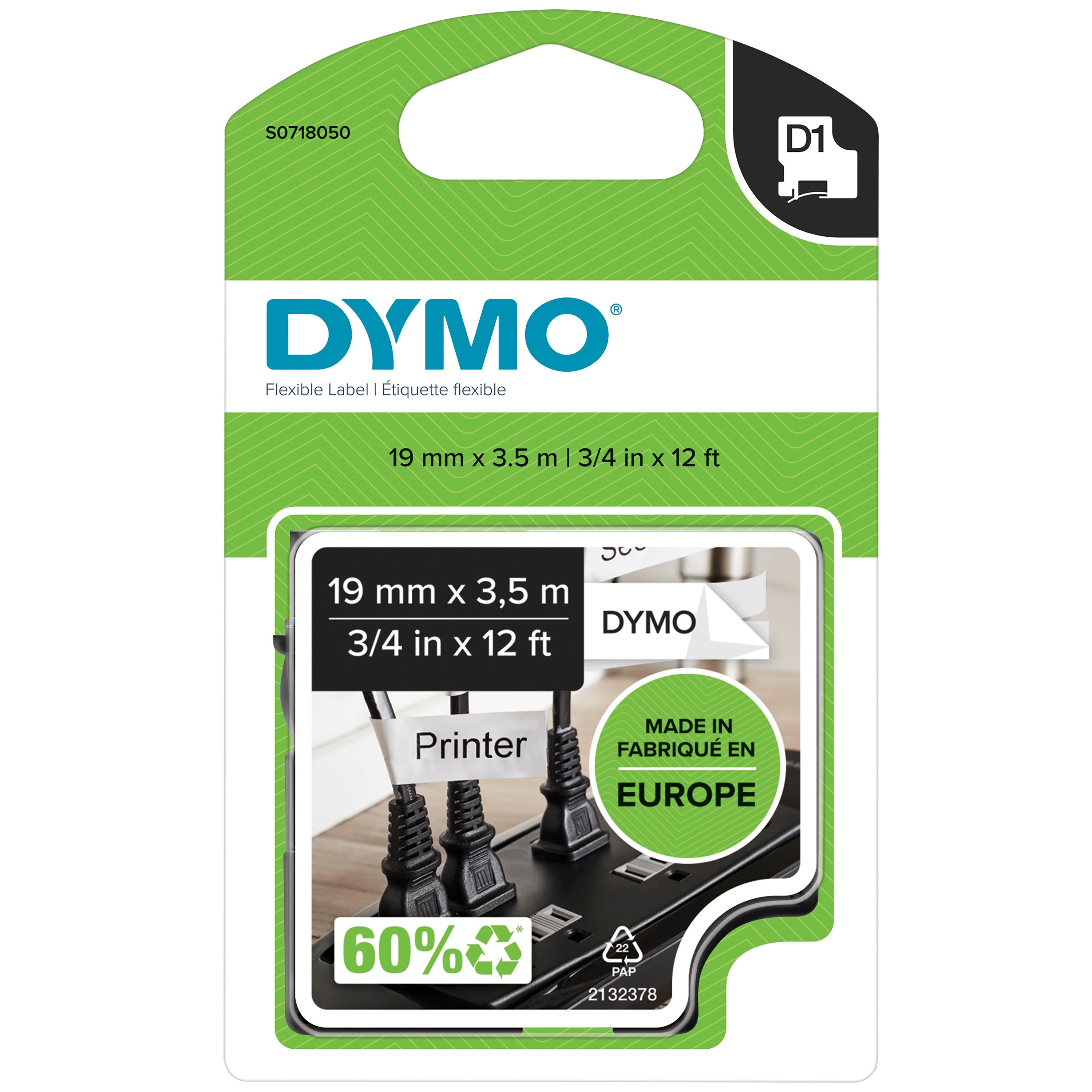 Tape D1 19mmx2 5m Perm Nylon Black White