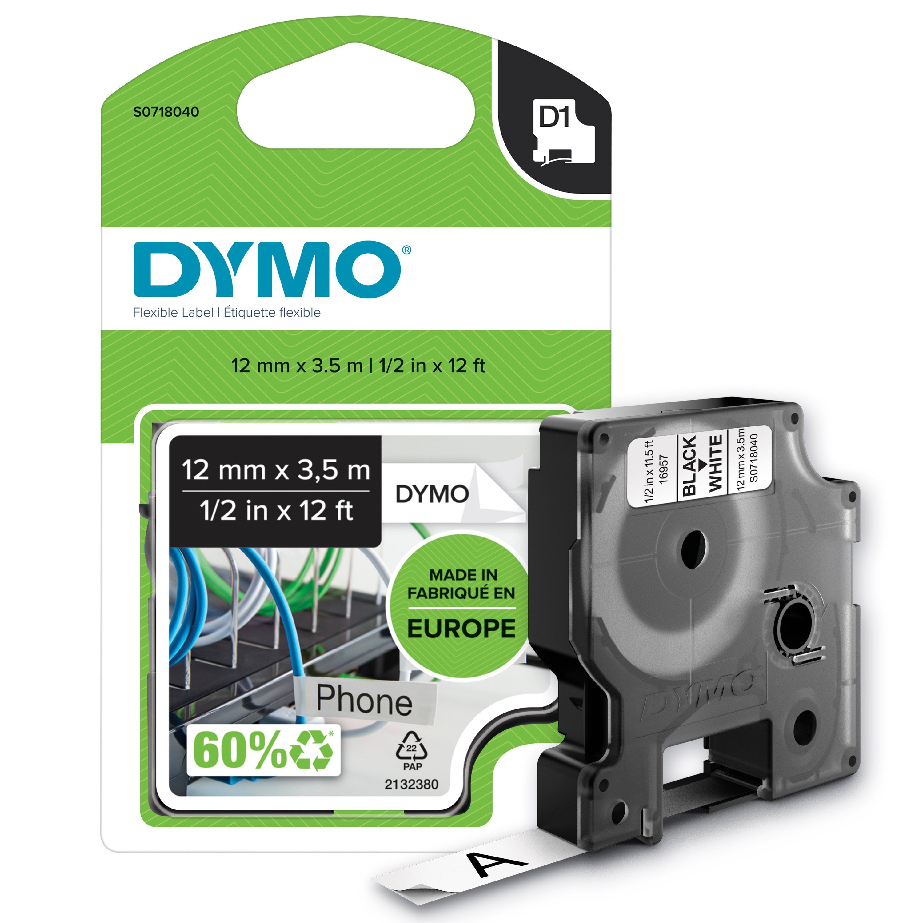 Tape D1 12mmx3 5m Perm Nylon Black White