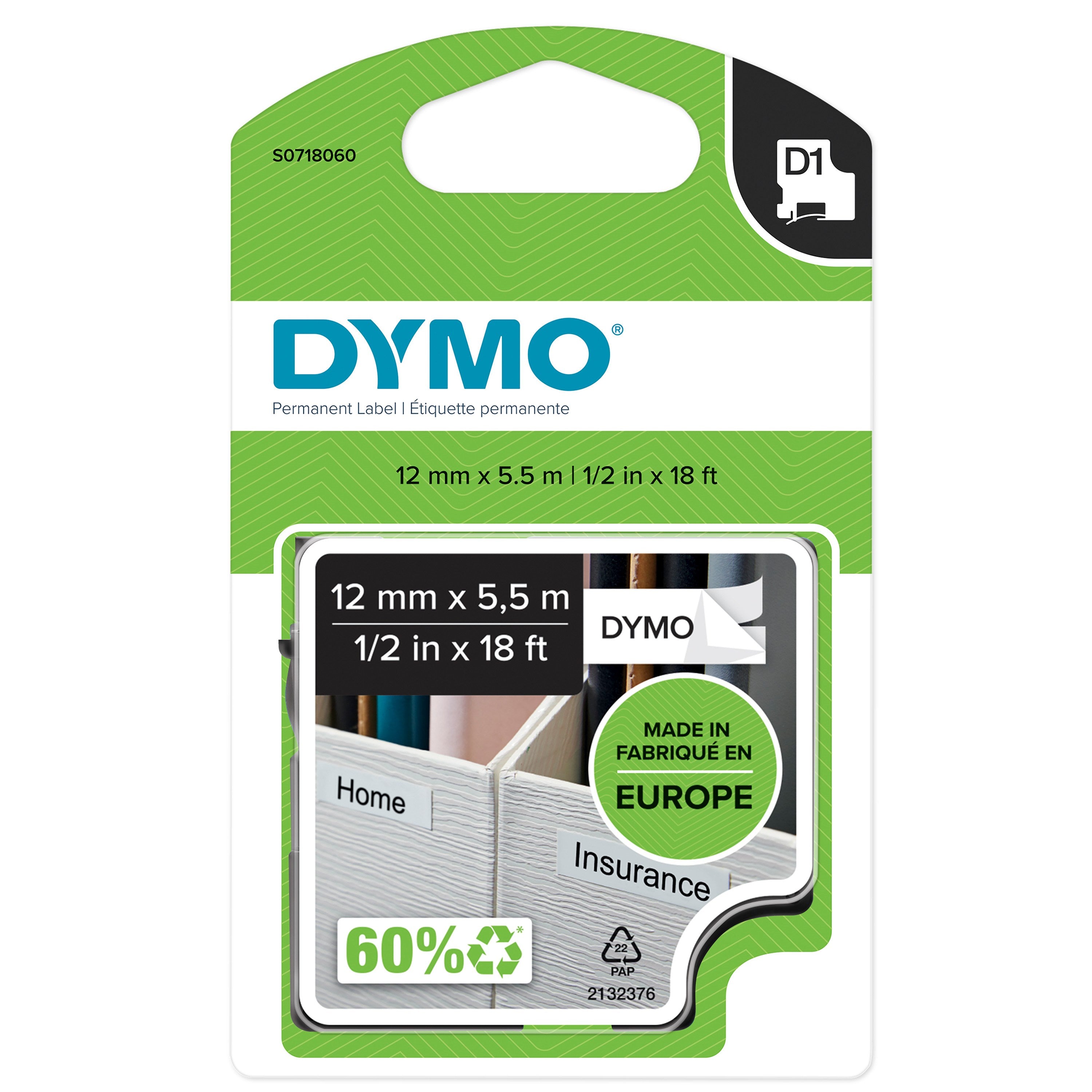Tape D1 12mmx5 5m Perm Polyest Bl Whi
