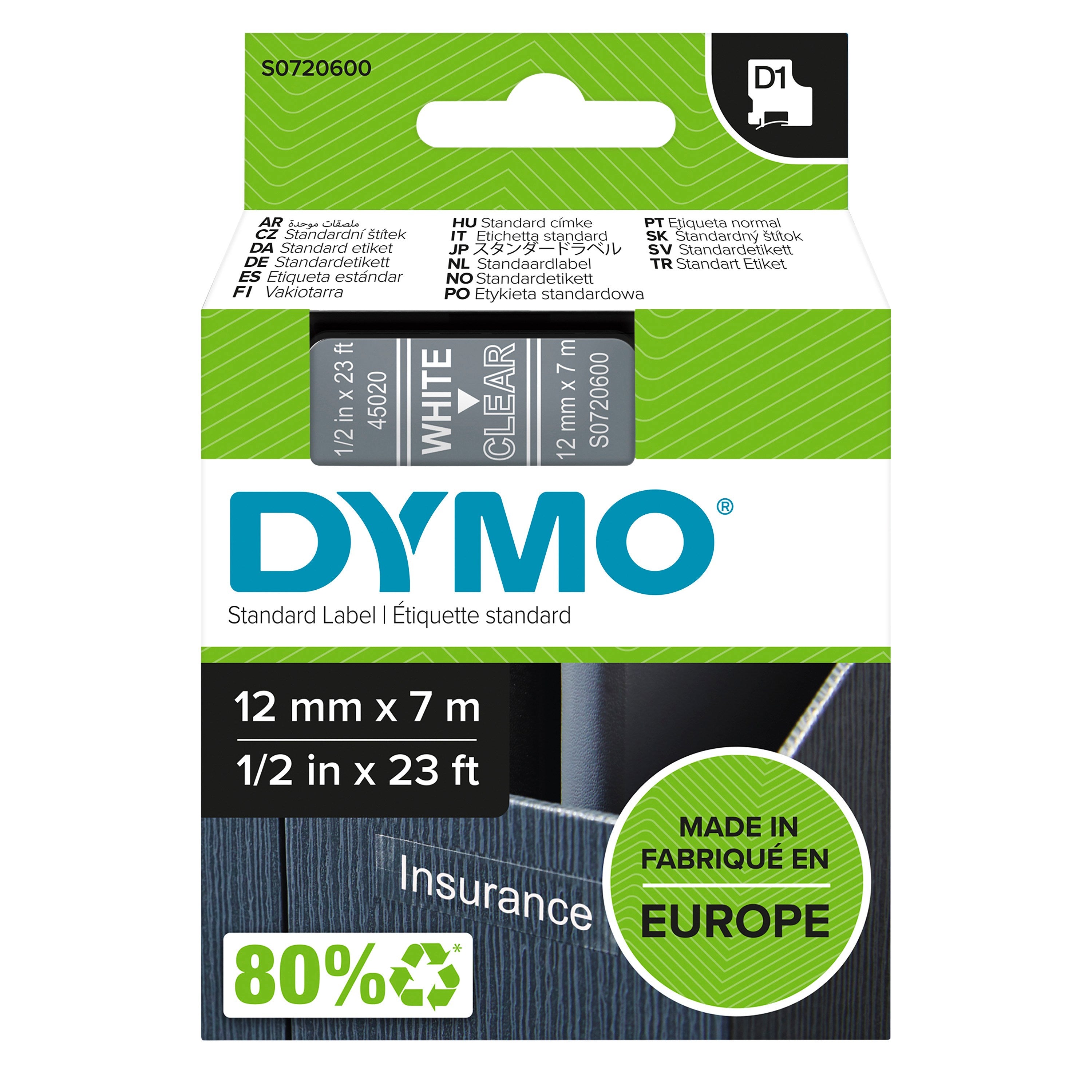 Tape D1 12mmx7m White Clear