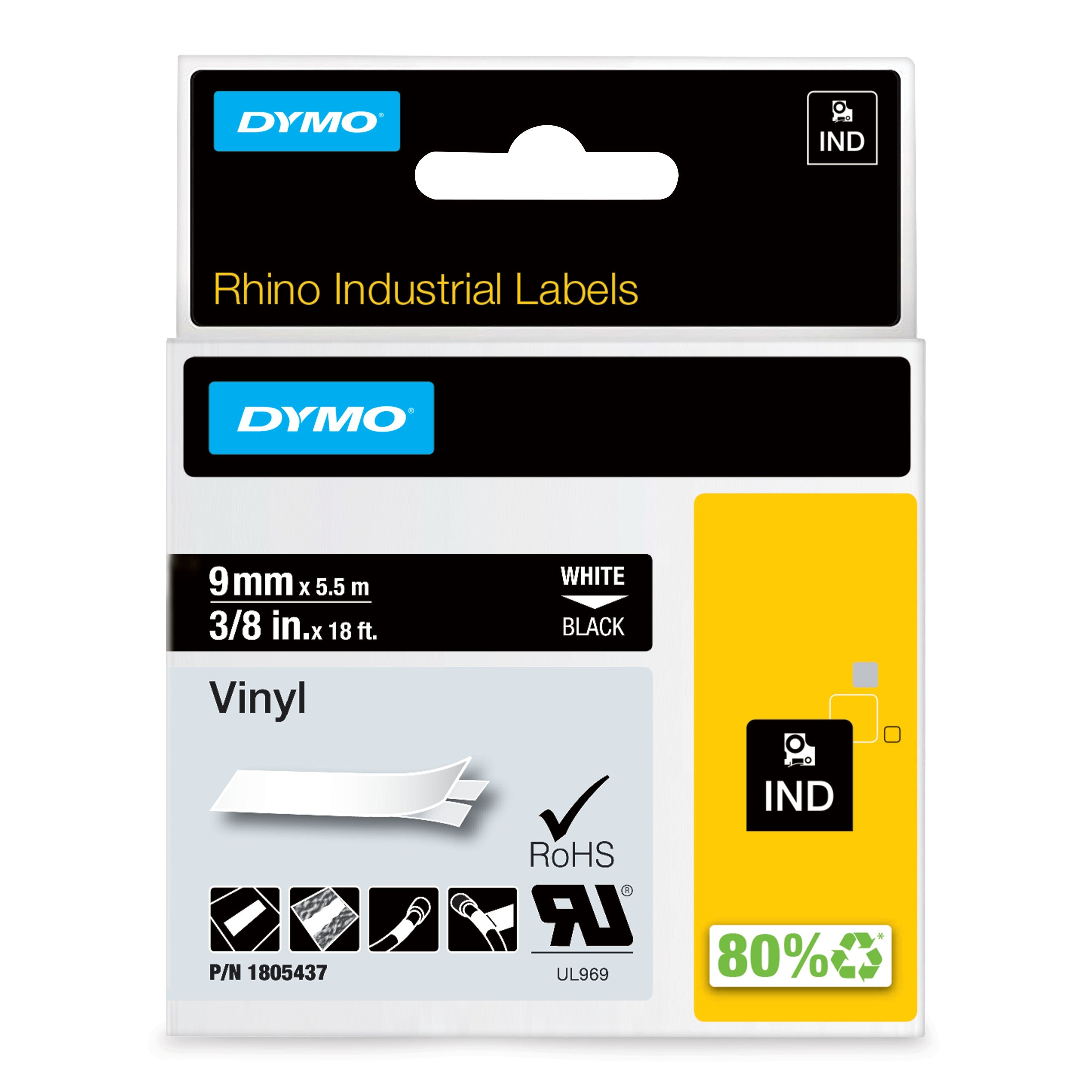 Tape Rhino 9mmx5 5m Vinyl Hvid På Sort