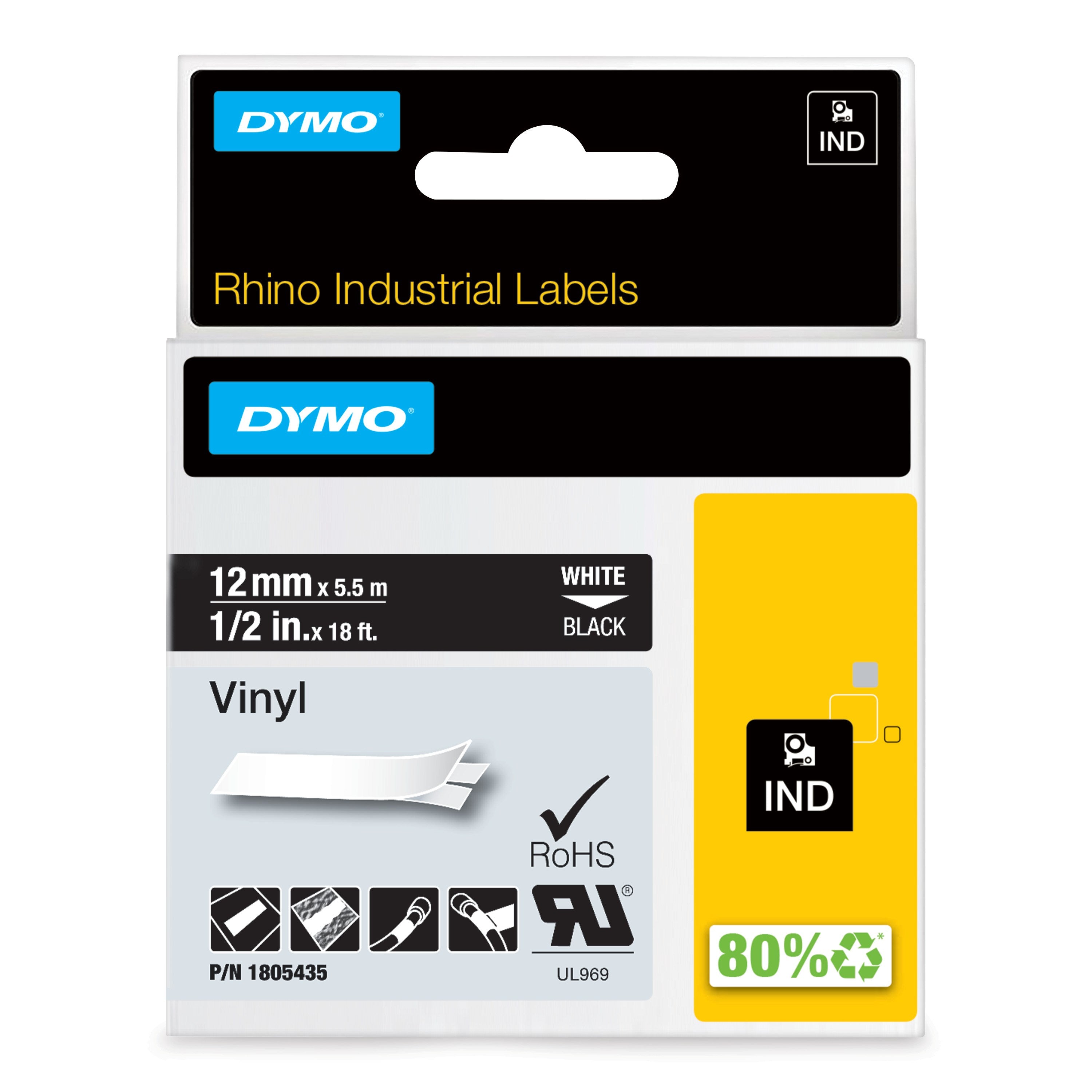 Tape Rhino 12mmx5 5m Vinyl White Black